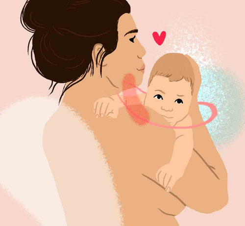 Dibujo de una mamá de espaldas abrazando a su bebé - Mustela España - 1