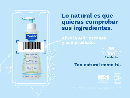 El agua sin aclarado de Mustela tiene una nota de 86/100 en la app Yuka, es decir, excelente, sin ingredientes cuestionables o tóxicos.  - Mustela España - 6
