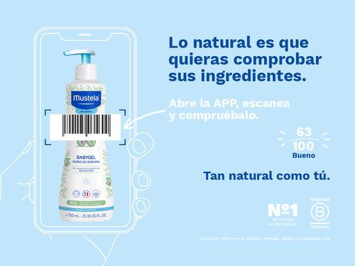 El Baby gel de Mustela para bebés y niños tiene una nota de 63/100 en la app Yuka, es decir, bueno. - Mustela España - 2