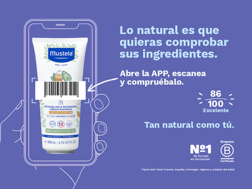 El Champú desenredante y nutritivo en crema de Mustela para bebés y niños tiene una nota de 86/100 en la app Yuka, es decir, excelente. - Mustela España - 2