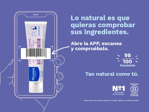 La crema bálsamo para el cambio de pañal 1 2 3 de Mustela para bebé y niños tiene una nota de 100/100 en la app Yuka, es decir, excelente, sin ingredientes cuestionables o tóxicos.  - Mustela España - 3