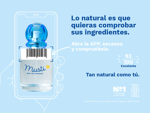 Musti agua perfumada de Mustela para bebé y niños tiene una nota de 93/100 en la app Yuka, es decir, excelente, sin ingredientes cuestionables o tóxicos. - Mustela España - 2