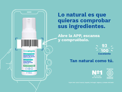 El champú Mousse Stelatopia de Mustela para bebé y niños tiene una nota de 100/100 en la app Yuka, es decir, excelente, sin ingredientes cuestionables o tóxicos.  - Mustela España - 3
