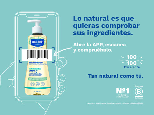 El aceite de baño y ducha de Stelatopia de Mustela para bebé y niños tiene una nota de 100/100 en la app Yuka, es decir, excelente, sin ingredientes cuestionables o tóxicos.  - Mustela España - 3
