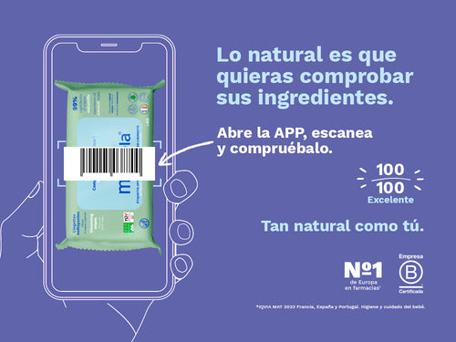 Las toallitas limpiadoras de Mustela con un 99% de ingredientes naturales, ha sido puntuado como excelente 100/100 en la app de Yuka. - Mustela España - 2