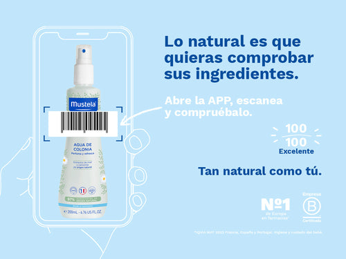 El Agua de colonia de Mustela para bebé y niños tiene una nota de 100/100 en la app Yuka, es decir, excelente, sin ingredientes cuestionables o tóxicos.  - Mustela España - 2