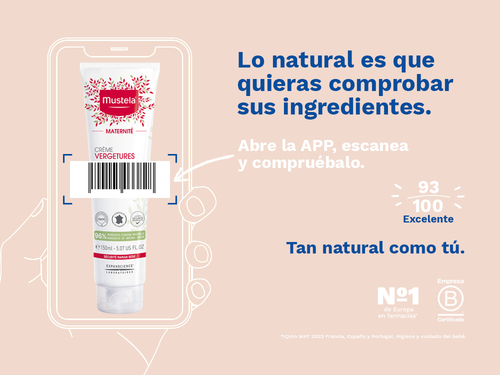La crema estrias de Mustela embarazadas tiene una nota de 93/100 en la app Yuka, es decir, excelente, sin ingredientes cuestionables o tóxicos.  - Mustela España - 3