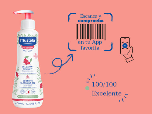 El gel de baño de Mustela para la piel muy sensible debebé y niños tiene una nota de 100/100 en la app Yuka, es decir, excelente, sin ingredientes cuestionables o tóxicos.  - Mustela España - 3