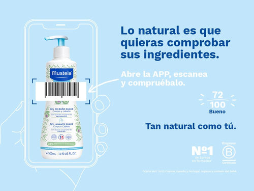 El gel de baño de Mustela para bebé y niños tiene una nota de 72/100 en la app Yuka, es decir, bueno, sin ingredientes cuestionables o tóxicos.  - Mustela España - 3