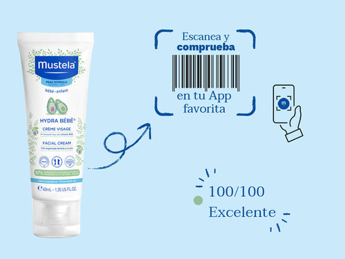 Hydra bebe crema facial de Mustela para bebé y niños tiene una nota de 100/100 en la app Yuka, es decir, excelente, sin ingredientes cuestionables o tóxicos.  - Mustela España - 2