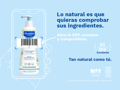La loción limpiadora de Mustela para bebé y niños tiene una nota de 93/100 en la app Yuka, es decir, excelente, sin ingredientes cuestionables o tóxicos.  - Mustela España - 3