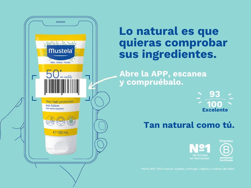 La crema solar SPF50+ de Mustela protege la piel de la familia y tiene una nota de 93/100 en la app Yuka, es decir, excelente, sin ingredientes cuestionables o tóxicos.  - Mustela España - 2