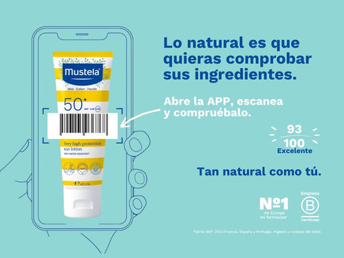 La crema solar facial SPF50+ de Mustela protege la piel de bebé y niños y tiene una nota de 93/100 en la app Yuka, es decir, excelente, sin ingredientes cuestionables o tóxicos.  - Mustela España - 2