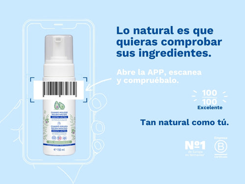 El champú mousse recién nacido con 99% de ingredientes naturales  de Mustela cuenta con una puntuación 100/100 excelente en apps como Yuka gracias a sus ingredientes de origen natural. - Mustela España - 3