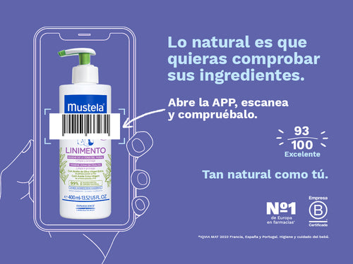 El linimento de Mustela, siguiendo la receta tradicional y con un 99% de ingredientes naturales, ha sido puntuado como excelente 93/100 en la app de Yuka. - Mustela España - 3