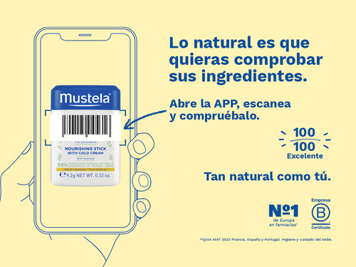 El stick cold cream de Mustela para bebé y niños tiene una nota de 100/100 en la app Yuka, es decir, excelente, sin ingredientes cuestionables o tóxicos.  - Mustela España - 3