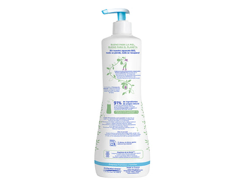 Reverso del bote de 750ml de Babygel de baño de espuma de Mustela con su lista de ingredientes naturales como el aguacate bio. - Mustela España - 3